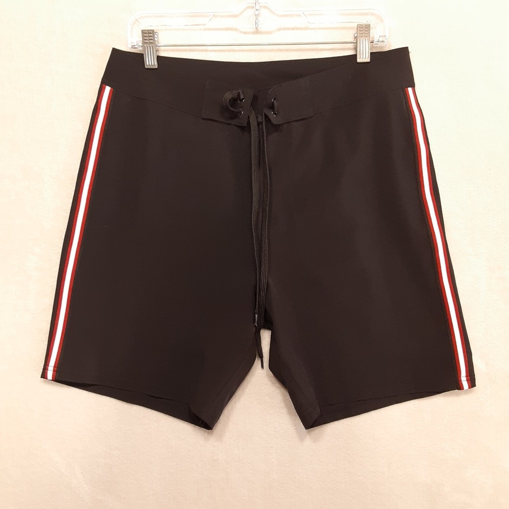 Midnight Hour Mens Black Board Shorts Sz.M/Swim/Unisex/Red Stripe/Hot Topic